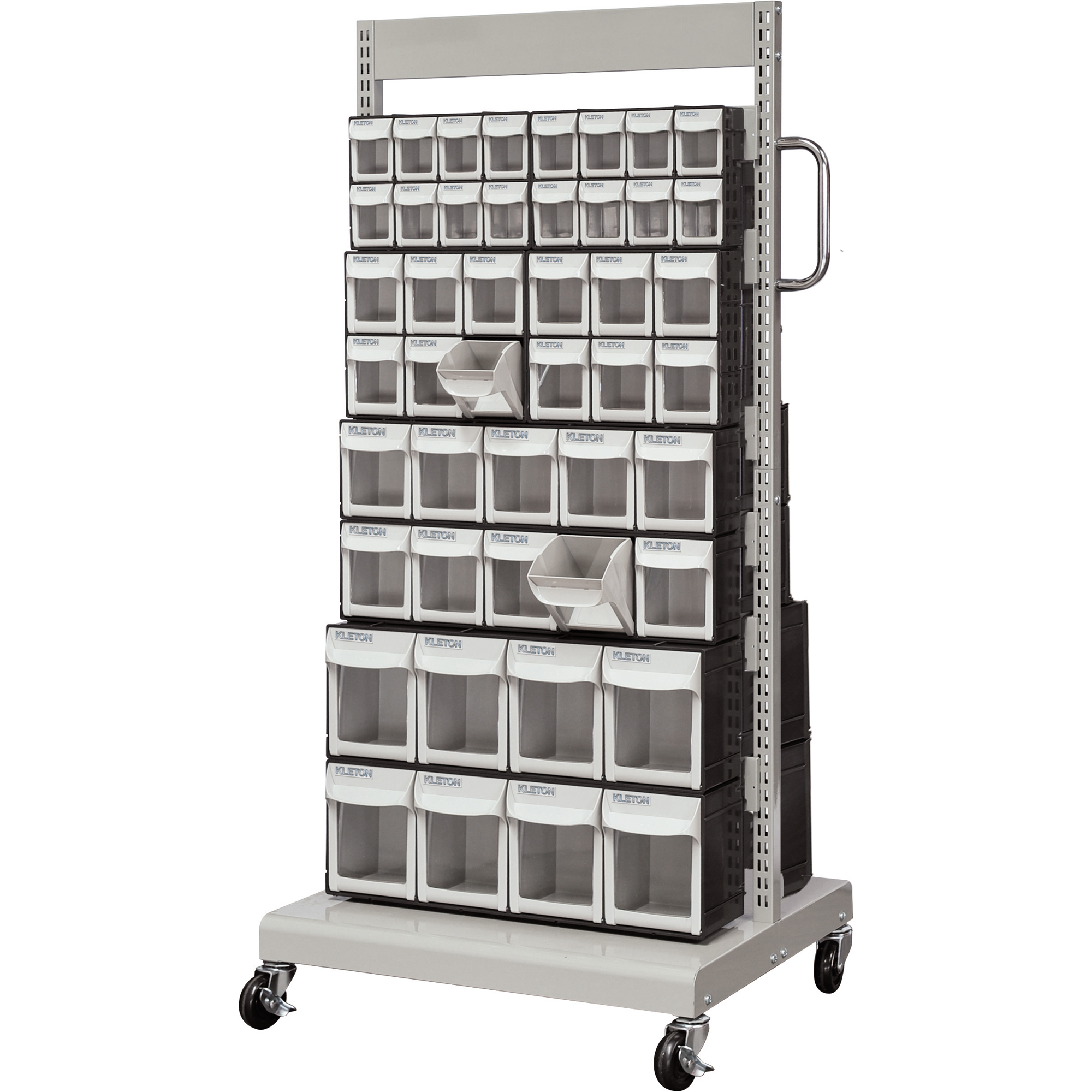 Double-Sided Mobile Tilt Bin Rack, 92 Bins, 26-1/4" W
