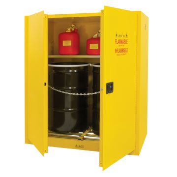 Vertical Drum Storage Cabinet, 110 US gal, 2 Drums, Yellow — Height: 65", Width: 59", Depth: 34" — Supply Solution