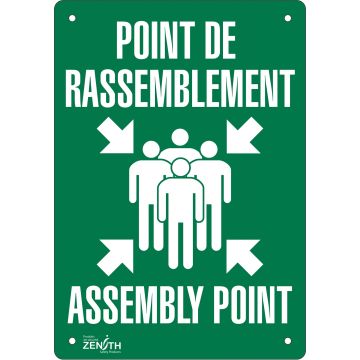 Assembly Point Safety Sign, 20" x 14", Bilingual with Pictogram