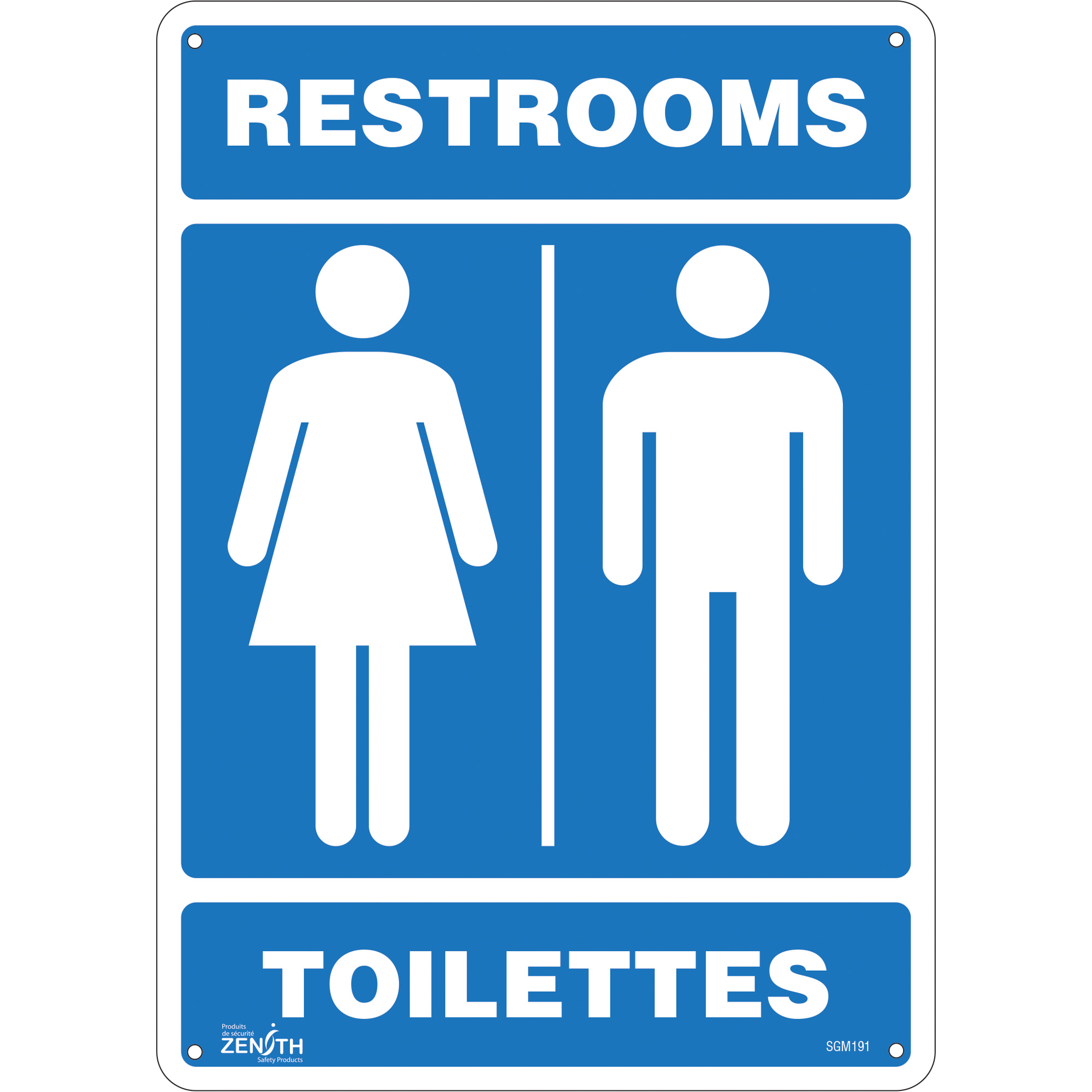 Restrooms Sign - 14" x 10" Plastic, Bilingual, Pictogram